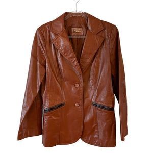 Vintage gorgeous leather blazer/coat/jacket cognac color w/black trim 